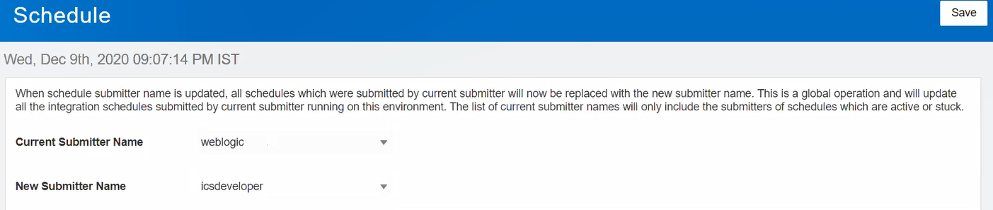 「スケジュール」ページには、現在の発行者名リストと新規発行者名リストがあります。 右上隅には保存ボタンがあります。 