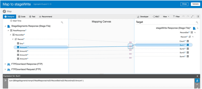 マッパーには、ターゲット合計関数にマップされたソース・レコード要素が表示されます。 式ビルダーには、合計($StageSegments/nsmpr2:ReadResponse/ns22:Record/ns22:Amount)の関数が表示されます 