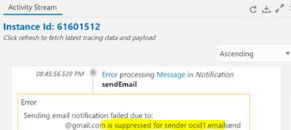 この図は、アクティビティ・ストリームを示しています。 上部にはインスタンスIDがあります。 右側の「昇順」オプションが選択されています。 この下にはインスタンス・フローがあります。 通知処理は、Eメール通知の送信に失敗しましたというエラー・メッセージで識別されます。 