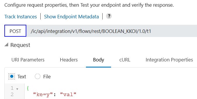 POST操作が上部に表示されます。 この下の本文タブが選択され、本文ペイロードが表示されます。 