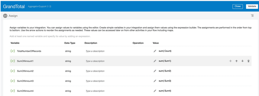 この図は、変数、データ型、摘要、操作および値の列を含む割当処理を示しています。 TotalNumberOfRecords、SumOfAmount1、SumOfAmount2、SumOfAmount3およびSumOfAmount4の変数があります。 