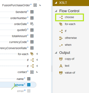 XSLT右ナビゲーション・ペインのchoose要素がphoneターゲット要素の左下隅にドラッグされています。
