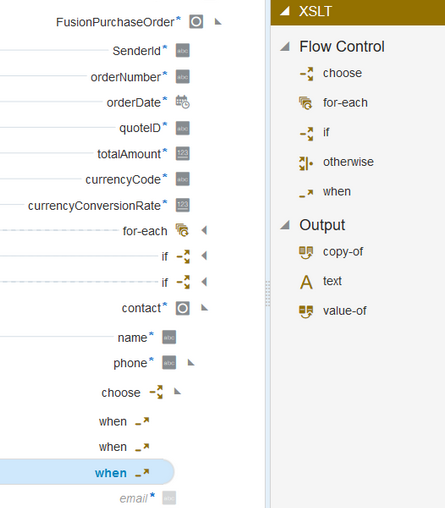 ターゲット・マッパー・ツリーでchoose文の下に3つのwhen文が配置されています。 文のXSLTナビゲーション・ペインが右側に表示されます。 