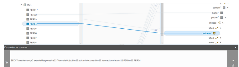 PER04ソース要素は、ターゲット・マッパー・ツリーの最初のwhen文のvalue-of文に接続されています。