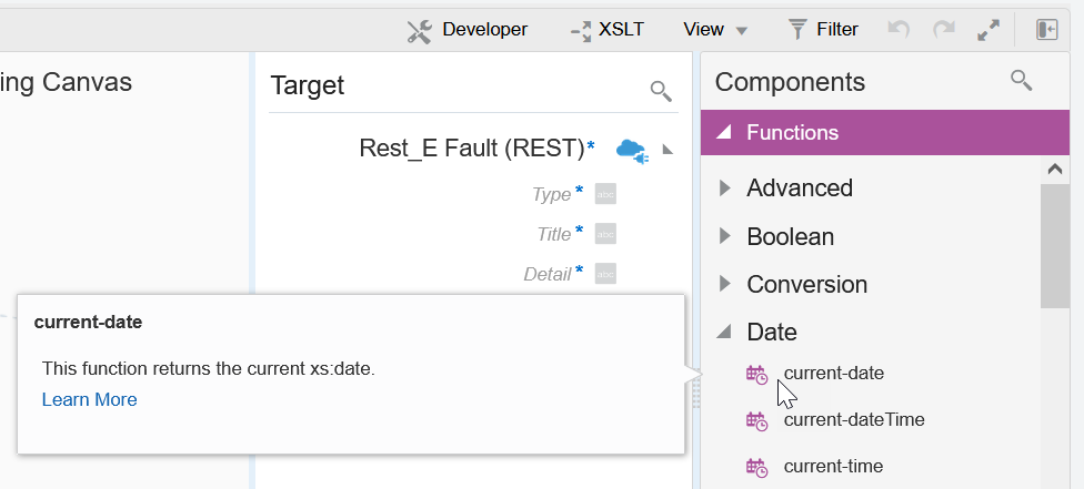 開発者、XSLT、ビュー、フィルタ・リンクおよび4つのアイコンが右上隅に表示されます。 下にはターゲット列とコンポーネント・リストがあります。 関数が選択されています。 日付内で、現在の日付関数が選択されます。 ターゲット列には、機能の簡単な説明を含むメッセージと詳細リンクが表示されます。 