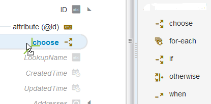 ターゲット・データ構造でchoose文が選択されている(緑色の矢印で示されている)
