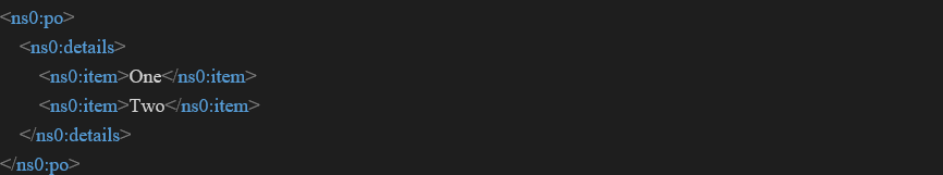 ペイロードは、<ns0:item>One</ns0:item>と<ns0:item>Two</ns0:item>要素を示します。