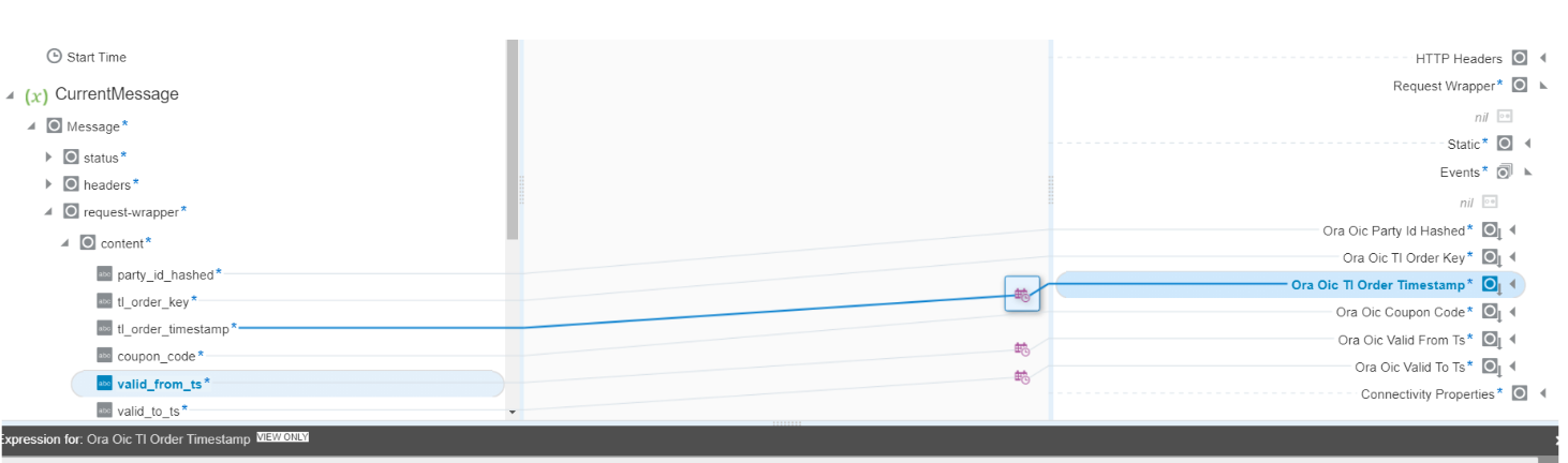 マッパーは、tl_order_timestampのソース要素をOra Oic Tl Orderタイムスタンプのターゲット要素にマップしていることを示します。 式ビルダーがマッパーの下部に表示されます。 