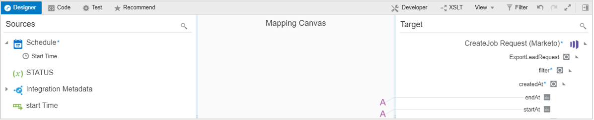 ターゲットのendAtおよびstartAt要素は、式ビルダーで定義されていることを示す「A」が左側に表示されます。