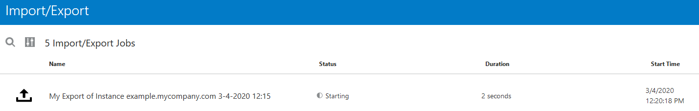 名前、ステータス、期間、開始時間などのインポート/エクスポート・ジョブ・ステータス