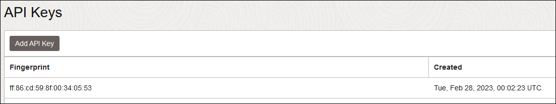 APIキー・ダイアログに、APIキーの追加のリンクが表示されます。 下にはフィンガープリント値とその作成時間の表があります。 