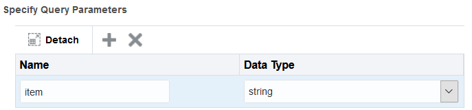 「問合せパラメータの指定」セクションが示されています。 これには、「デタッチ」リンク、「追加」(+記号)リンクおよび「削除」(Xリンク)が含まれます。 その下には、名前およびデータ型の列を含む表があります。 