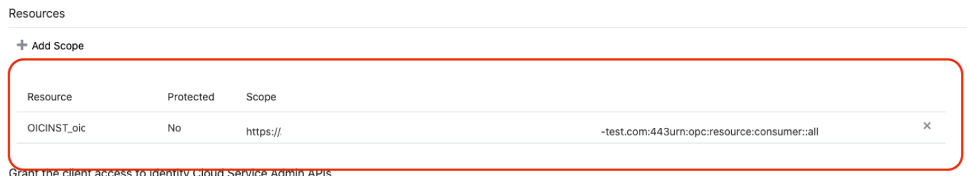 リソース・セクション。スコープの追加ボタンと、リソース、保護およびスコープの列を含む表があります。