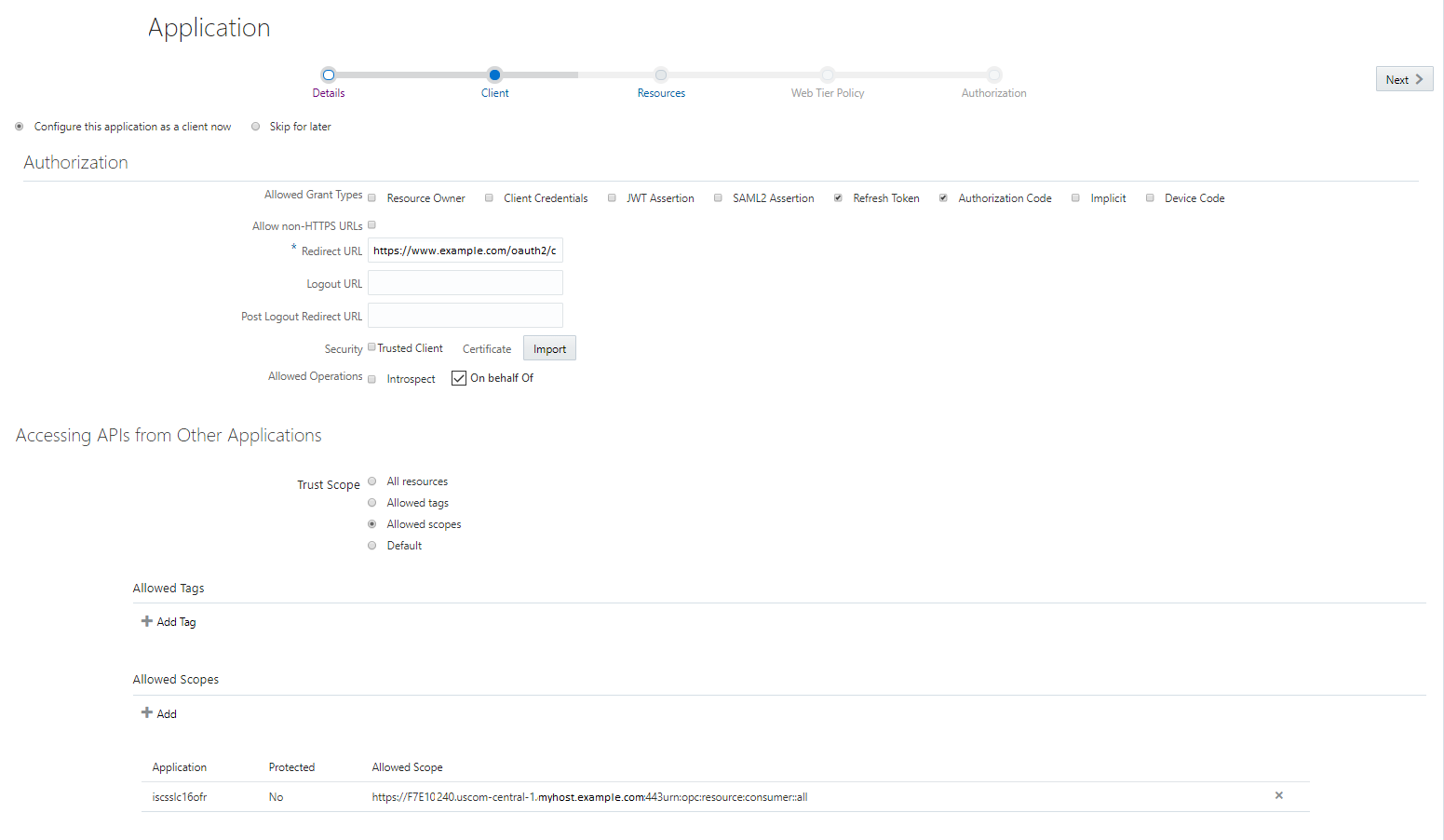 信頼できるアプリケーションのクライアント構成ウィンドウ