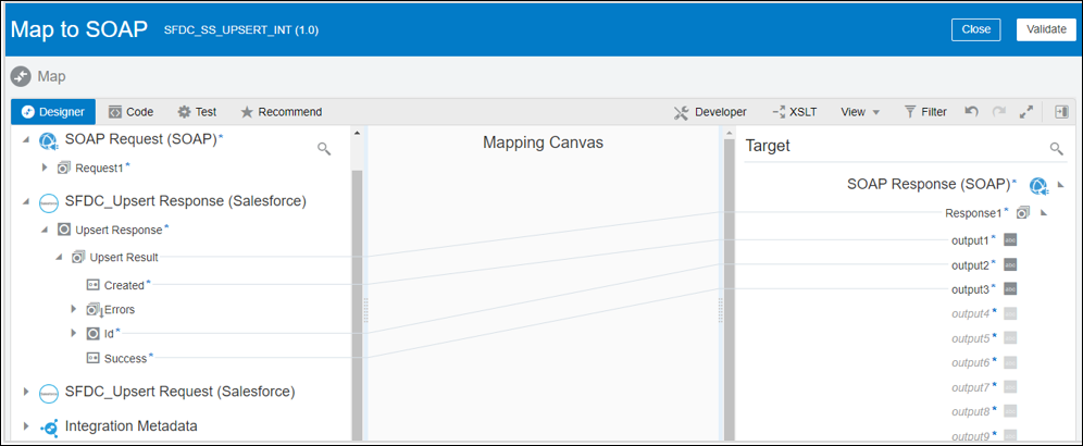 マッパーの右上に閉じるボタンと検証ボタンが表示されています。 左下にはデザイナ、コード、テストおよび推奨タブがあります。 右側には、Developer、XSLT、View、Filterおよび4つのリンクがあります。 下にはソース、マッピング・キャンバスおよびターゲット・セクションがあります。 その下には「式ビルダー」セクションがあります。 実際のソースからターゲットへのマッピングは、イメージの上に説明されています。 マッパーの右上に閉じるボタンと検証ボタンが表示されています。 左下にはデザイナ、コード、テストおよび推奨タブがあります。 右側には、Developer、XSLT、View、Filterおよび4つのリンクがあります。 下にはソース、マッピング・キャンバスおよびターゲット・セクションがあります。 その下には「式ビルダー」セクションがあります。 実際のソースからターゲットへのマッピングは、イメージの上に説明されています。