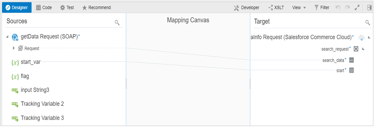 マッパーには、ターゲットのsearch_data要素にマップされたソースのRequest要素と、ターゲットのstart要素にマップされたソースのstart_var要素が表示されます。 マッパーには、ターゲットのsearch_data要素にマップされたソースのRequest要素と、ターゲットのstart要素にマップされたソースのstart_var要素が表示されます。