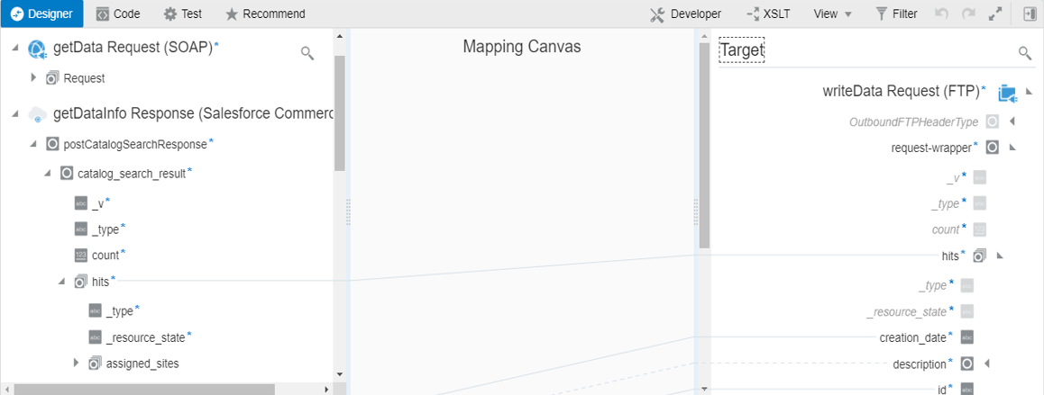 マッパーには、ターゲット・ヒット要素にマップされたソース・ヒット要素が表示されます。 マッパーには、ターゲット・ヒット要素にマップされたソース・ヒット要素が表示されます。