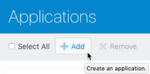 すべて選択、追加および削除ボタンがあるアプリケーション・ページ。 カーソルを追加ボタンの上に置くと、ツールチップ・アプリケーションの作成が表示されます。 