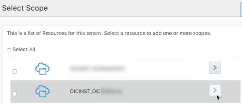 このテナントのリソースが表示された「スコープの選択」ページ。 リソース(アプリケーション)を選択して>アイコンをクリックできる表が表示されます。 