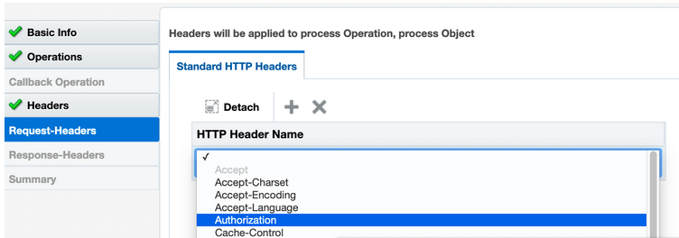 「リクエスト・ヘッダー」ページが表示され、デタッチ・ボタン、追加アイコンおよび削除アイコンを含む「標準HTTPヘッダー」タブが表示されます。 この下には、HTTPヘッダー名のリストがあります。 