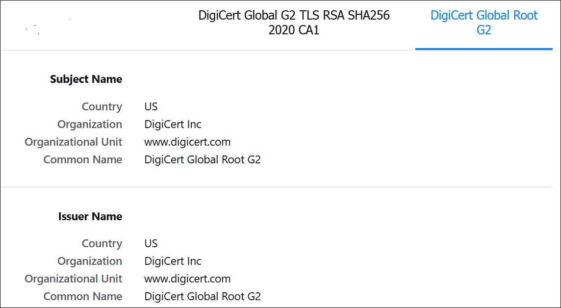 DigiCertグローバルG2 TLS RSA SHA256 2020 CA1およびDigiCertグローバル・ルートG2証明書。 下には「サブジェクト名」セクションがあり、これには国、組織、組織単位および共通名の詳細が含まれます。 下には「発行者名」セクションがあり、これには国、組織、組織単位および共通名の詳細が含まれます。 