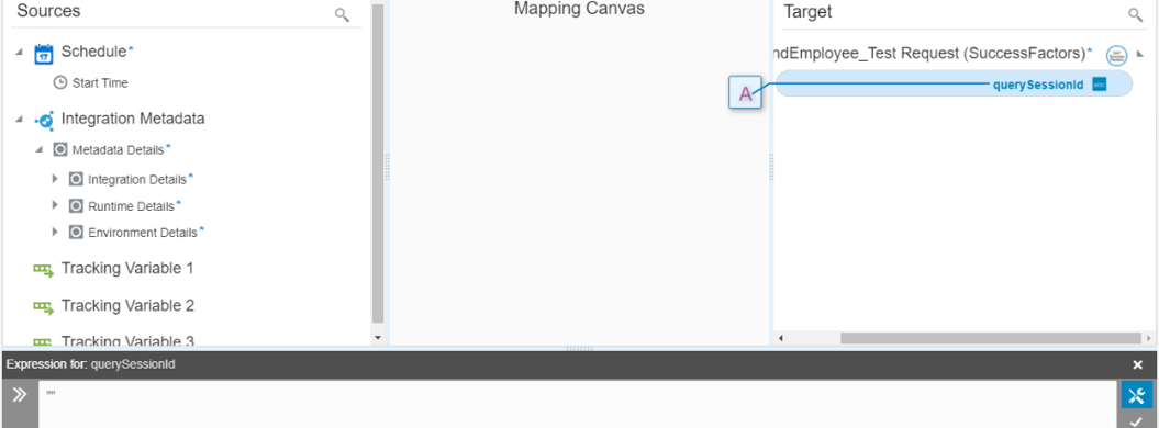 ターゲット・セクションで、querySessionId要素が選択されています。 内側にAがあるボックスまで線が伸びています。 式ビルダーの下部に、NULL値""が入力されます。 