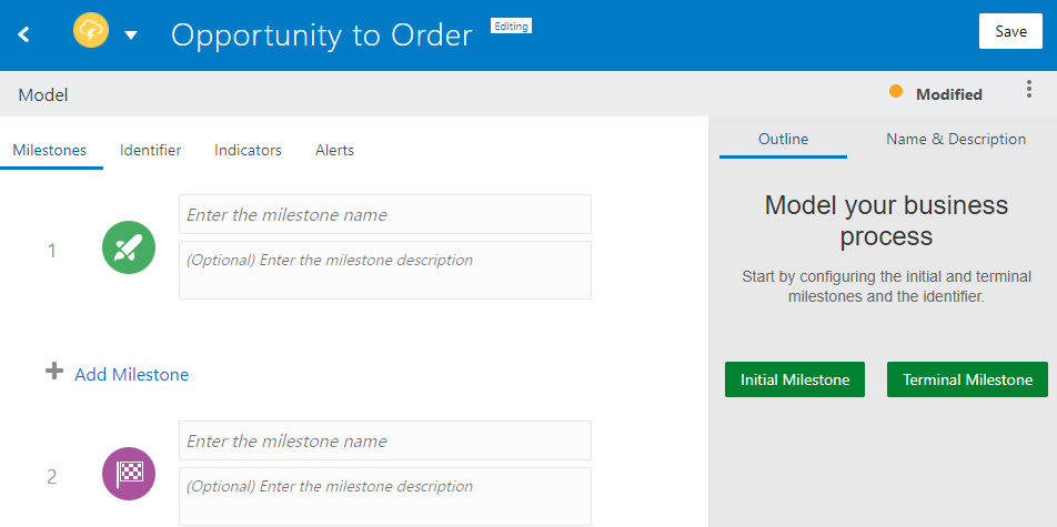 マイルストンが定義されていない新しいモデルのモデル・マイルストン・ページが表示されたモデル・エディタ マイルストンが定義されていない新しいモデルのモデル・マイルストン・ページが表示されたモデル・エディタ