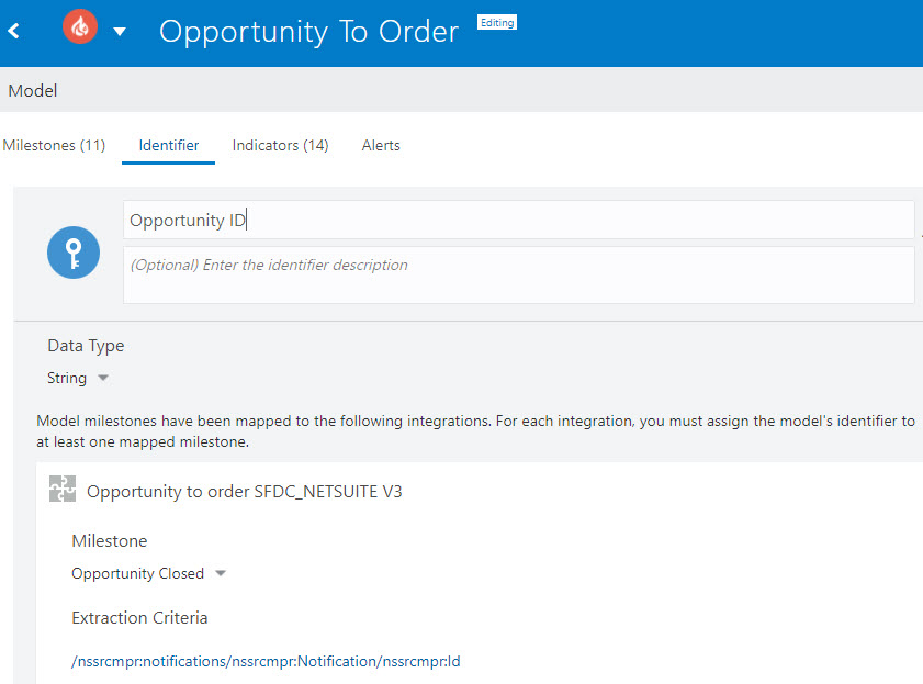 マイルストーンが統合にマップされた識別子ページを示すモデル・エディタ