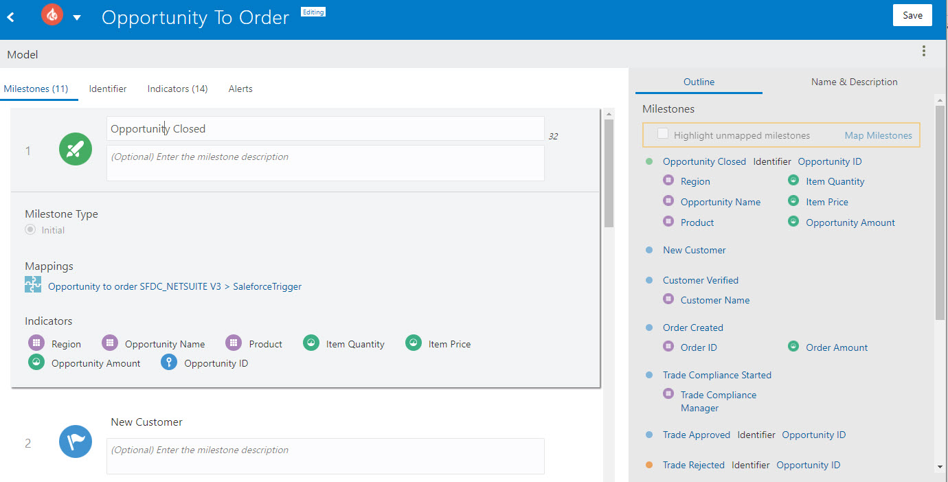 マイルストンが定義されたマイルストーン・ページを示すモデル・エディタ