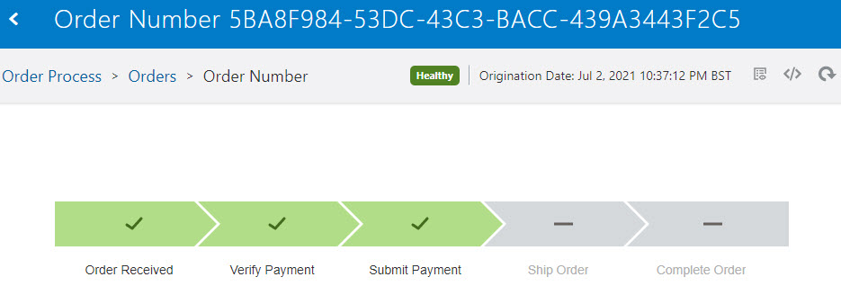 アクティブ(正常)のビジネス・トランザクションの進捗トラッカ・ダッシュボードには、渡されたマイルストンと渡されなかったマイルストンが表示されます