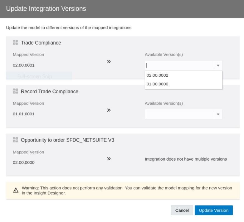 「統合バージョンの更新」ダイアログ