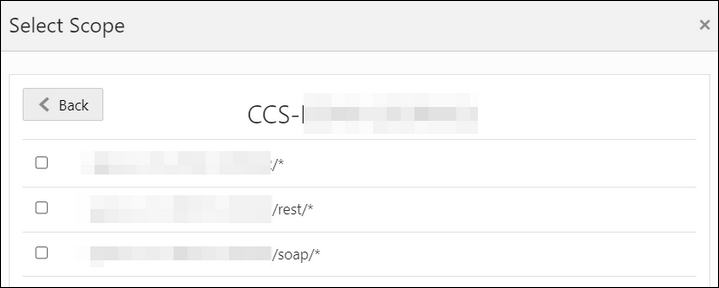 「選択範囲」ダイアログには、選択可能なスコープのチェックリストが表示されます。 戻るボタンも表示されます。 