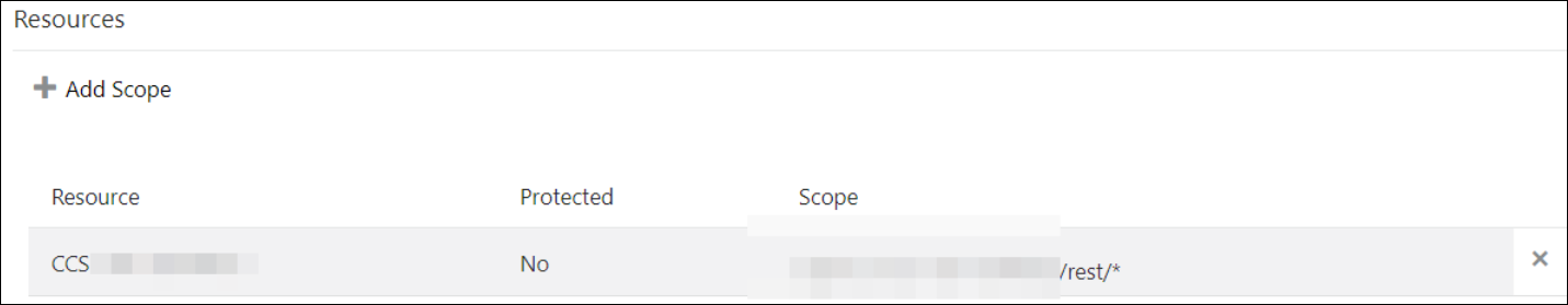 「リソース」ページにスコープの追加リンクが表示されます。 リソース、保護およびスコープのエントリを含む表を次に示します。 