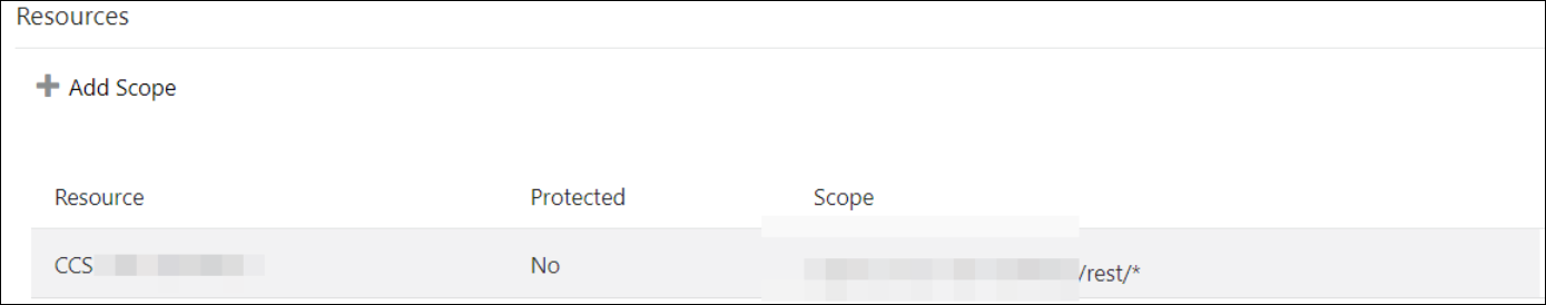 「リソース」ページにスコープの追加リンクが表示されます。 リソース、保護およびスコープのエントリを含む表を次に示します。 
