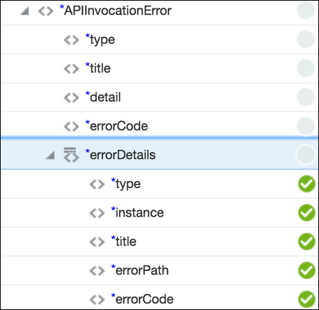 APIInvocationError要素が展開され、タイプ、インスタンス、タイトル、errorPathおよびerrorCodeの選択を含むerrorDetails要素が表示されます。