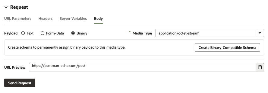 application/octet-streamのデフォルトのメディア・ストリーム・タイプで選択されたバイナリ・ペイロードを示すスクリーンショット