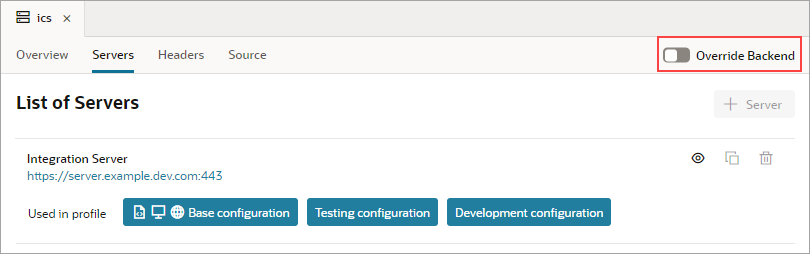 この図は、選択したバックエンドの詳細を示しています。 各種タブ(概要、サーバー、ヘッダーおよびソース)をクリックして詳細を表示できます。 「サーバー」タブ(イメージで選択)には、テナント設定から継承したサーバーのリストと、情報の表示、コピーおよび削除のオプションが表示されます。 バックエンドの上書きボタンも表示されます。 