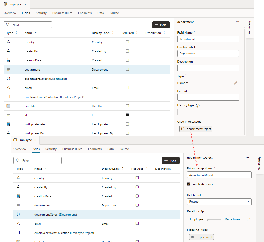 このイメージは、プロパティ・ペインの参照フィールドのプロパティを示しています。ここでは、特定の関係が関係の下に表示されています。