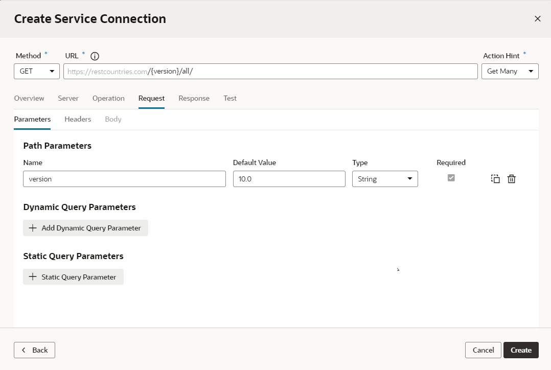 サービス接続の作成ダイアログ