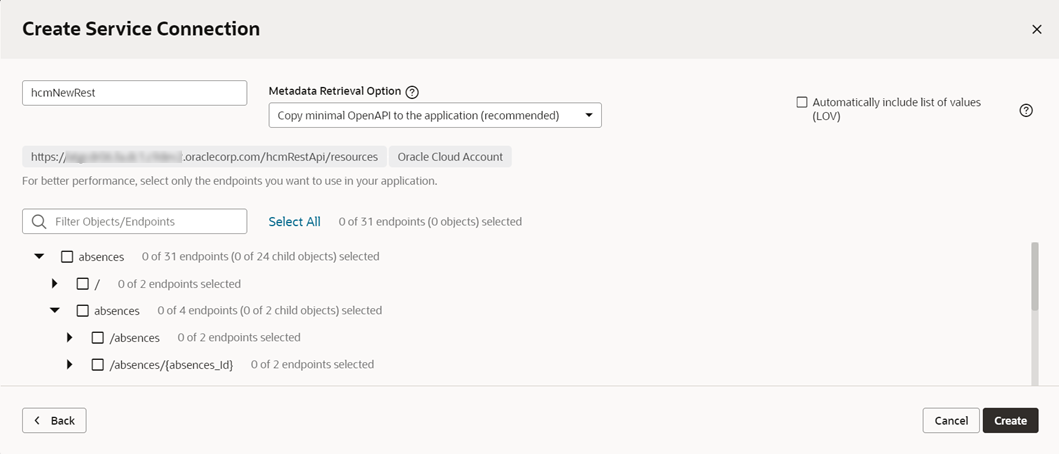 hcmNewRestサービス接続の休暇欠勤リソースの選択肢を示す「エンドポイントの選択」ダイアログ。