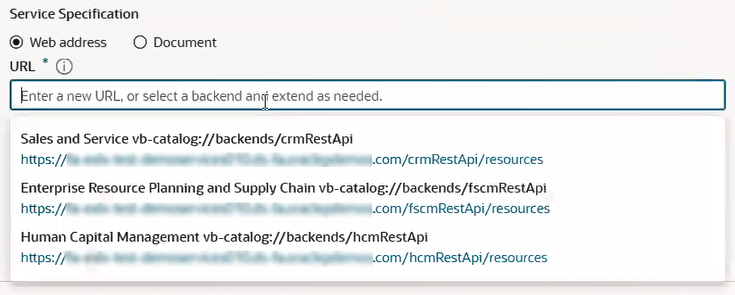 サービス接続の作成ウィザードの「サービス仕様」セクションのURLフィールドのドロップダウン。CRM、FSCMおよびHCMの選択肢とともに選択されたWebアドレスが表示されます。