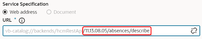 サービス接続の作成ウィザードの「サービス仕様」セクションのURLフィールド。webアドレスが入力され、休暇欠勤リソースの最新バージョン(11.13.08.05)を指し示しています。