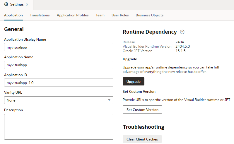 設定エディタのランタイム依存性セクション