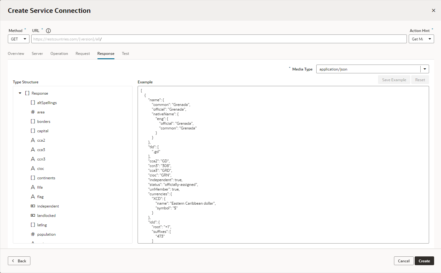 タイプ構造ビューを含む「サービス接続の作成」ページ