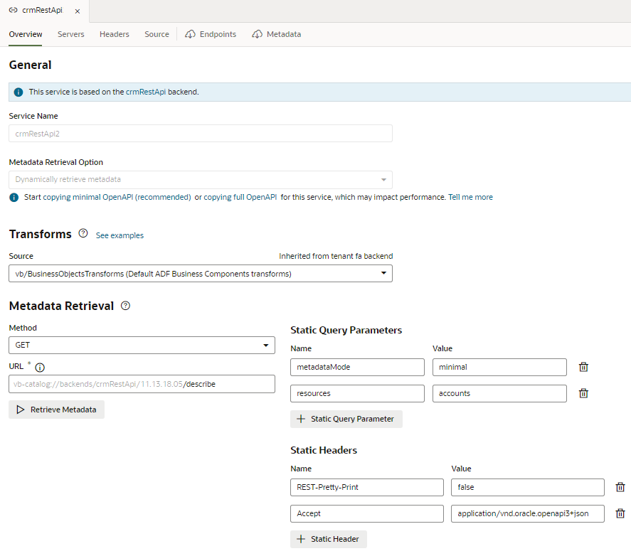 動的サービス接続の概要タブ