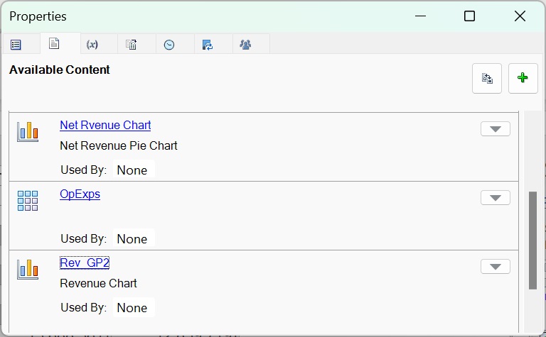 選択可能な3つのコンテンツ(「OpExps」を含む)が表示されている「使用可能なコンテンツ」ダイアログ
