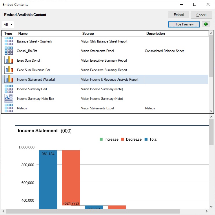 「コンテンツの埋込み」ダイアログの下半分にある選択した使用可能なコンテンツのプレビュー