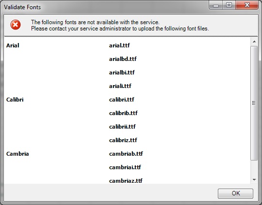 「Narrative Reporting」リボンのサービスで不足しているフォントをリストしている「フォントの検証」ダイアログ・ボックス。