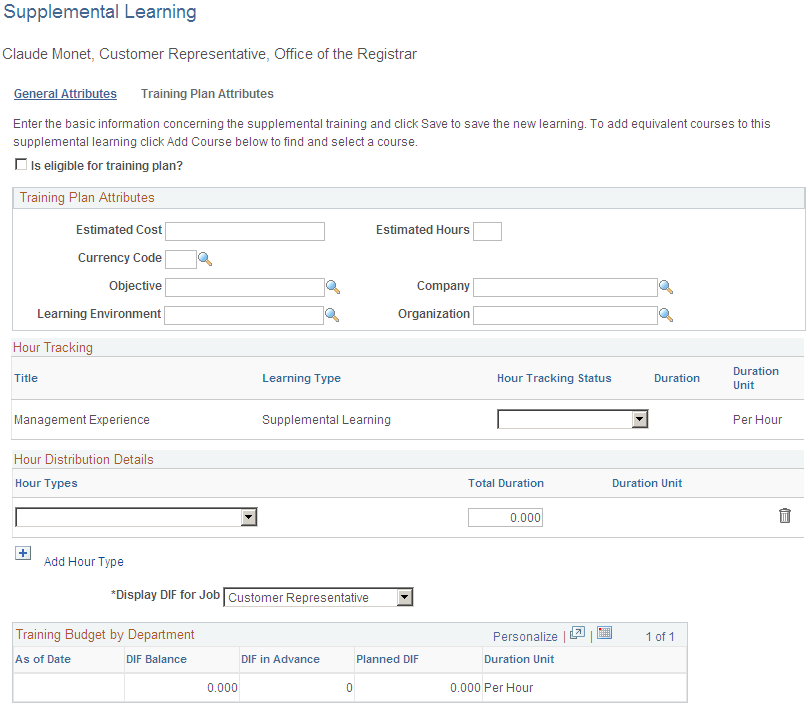 Supplemental Learning: Training Plan Attributes page