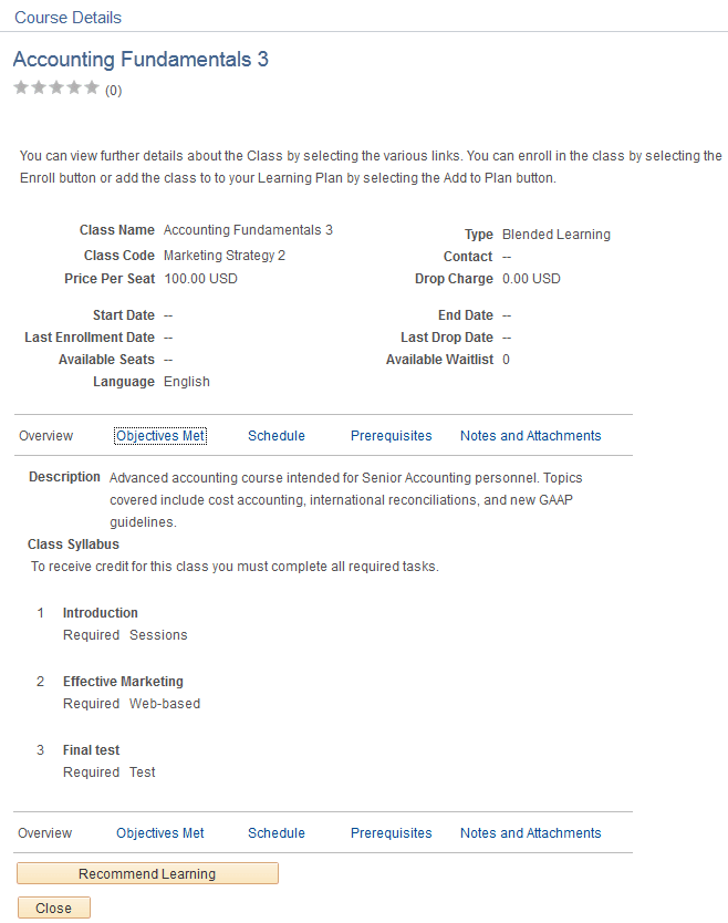 Course Details modal page